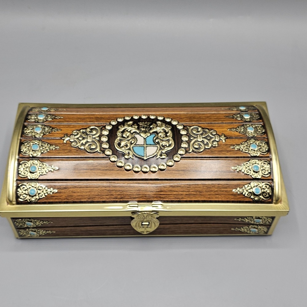 Vintage Heraldic Ornate Emblem Shield Faux Turquoise Trinket Tin Box